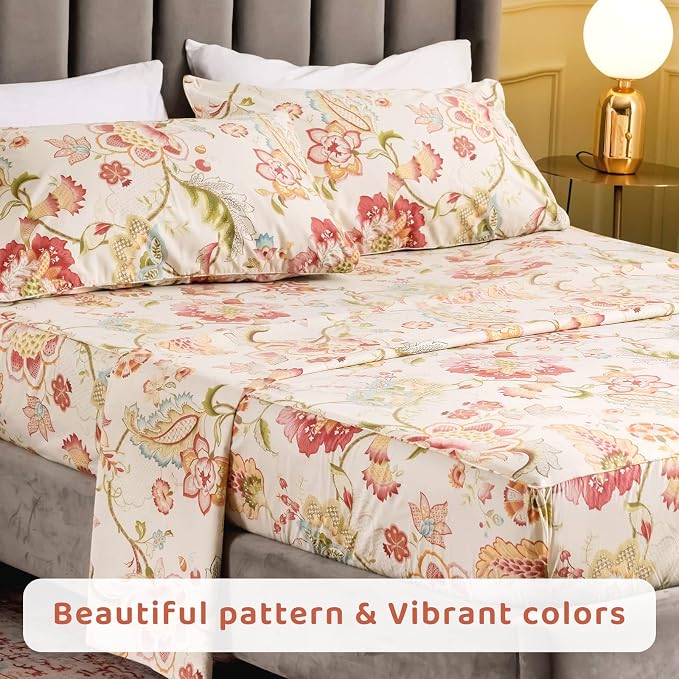 QSH Floral King Size Sheet Sets - Lotus Botanical Print Printed Bedding 100% Egyptian Cotton Sheets for King Size Bed Sheets with Deep Pockets Extra Soft and Breathable 4pcs