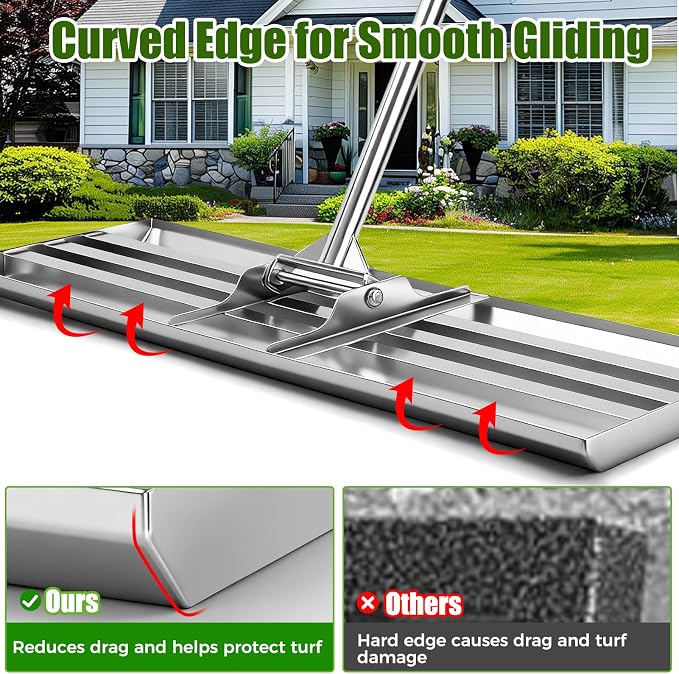30" x 10" Lawn Leveling Rake, Heavy Duty 304 Stainless Steel Lawn Leveler | Curved edge for smooth leveling, reinforced triangle support, professional-grade build