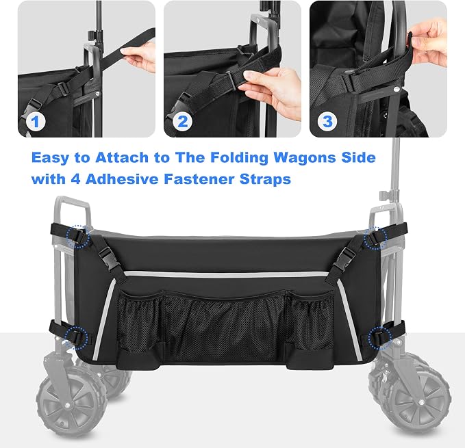 Collapsible Wagon Side Pocket with Reflective Strip, Folding Wagon Cart Storage Bag with Mesh Pouch for Umbrella, Foldable Accessories Bag for Outdoor, Camping, Black, Bag Only, Not Including Wagon