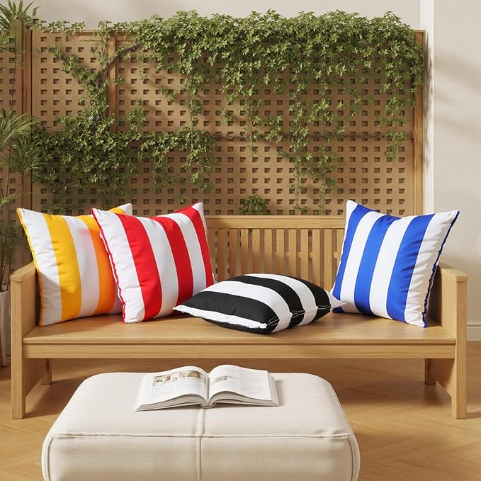 Western Home Pack of 2 Decorative Outdoor Solid Waterproof Striped Throw Pillow Covers Polyester Linen Garden Farmhouse Cushion Cases for Patio Tent Balcony Couch Sofa 18x18 inch Blue