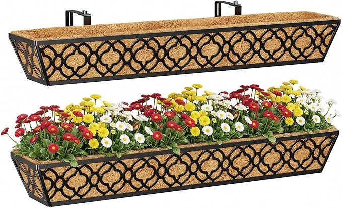 Y&M 36'' Deck Railing Planter Set with Coco Coir Liner, Large 2 Pcs Metal Deck Railing Planter Window Boxes for Outdoor Balcony, Porch, Patio, and Fence Rail