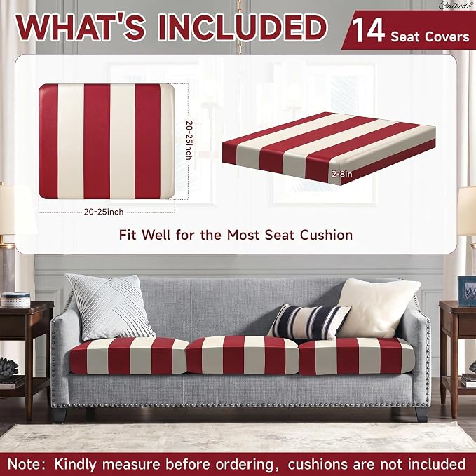 CALBODE 14 Pcs Stretch Outdoor Seat Cushion Covers, Washable Striped Chair Seat Cover for Patio Furniture Cushions Soft Indoor and Outdoor Couch Cover Replacement (Red&Beige, Cover Only)