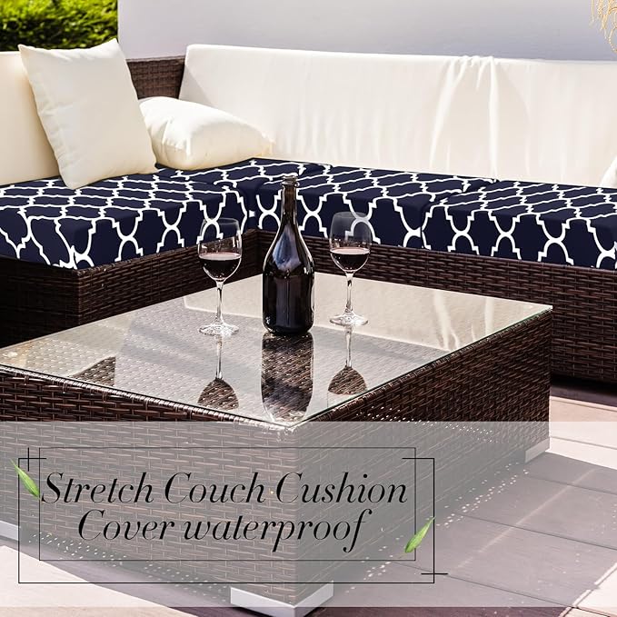 Newwiee 4 Pcs Waterproof Outdoor Cushion Covers for Patio Furniture Stretch Outdoor Couch Cushion Covers Replacement Moroccan Pattern Chair Seat Sofa Slipcovers Soft Flexibility Protector(Navy Blue)