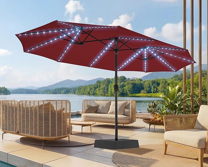 SUPERJARE 15ft Large Patio Umbrella with Base included, Double Sided Outdoor Umbrella with Solar Lights, Pool Umbrella with Fade Resistant Canopy for Deck, Porch, Yard, Balcony, Burgundy