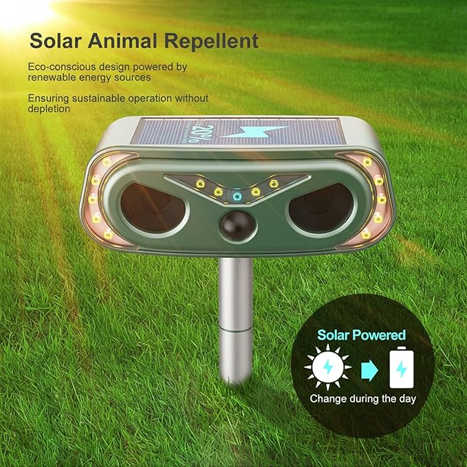 2026 1 Pack Solar Ultrasonic Animal Repellent Outdoor, Cat Repellent Outdoor with Motion Detection, Rabbit for Yard Garden Farm, Rabbit,Squirrel,Deer,Raccoon,Skunk,Rodent Animal Repeller, Green