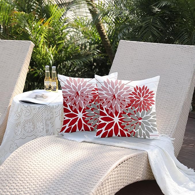 DFXSZ Outdoor Pillow Covers 16x16 Inch Set of 2 Pink Red Grey Flower Decorative Waterproof Summer Outdoor Pillow Covers Valentines Pillow Covers for Patio Funiture Garden Couch 168M16