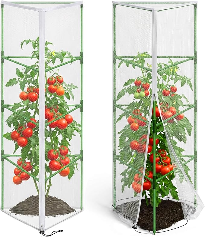 2 Pcs Garden Bird Netting for Triangle Plant Cage, 59" x 20" x 20" Tomato Cage Garden Net Cover with Zipper, Tomato Trellis Insect Bird Barrier Protection Mesh for Vertical Climbing Plant Vegetable