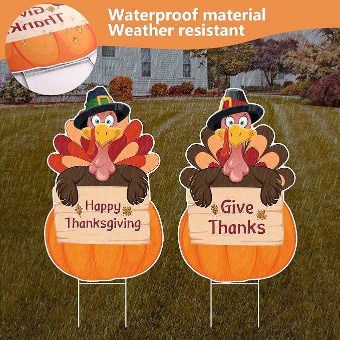 Large Thanksgiving Yard Signs 2pc with Stakes Turkey Pumpkins Give Thanks Happy Thanksgiving Decorations Outdoor Harvest Garden Signs Seasonal Holiday Party Supplies Lawn Yard Decorations