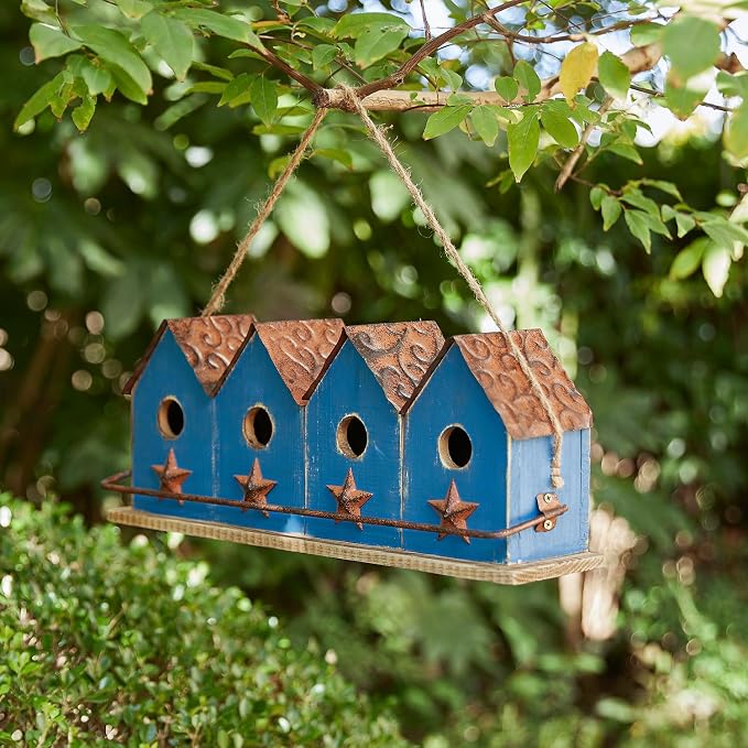 Glitzhome 17" L Distressed Solid Wood Birdhouse with Perch Decorative Garden Hanging Bird House for Outdoors,Retro Blue