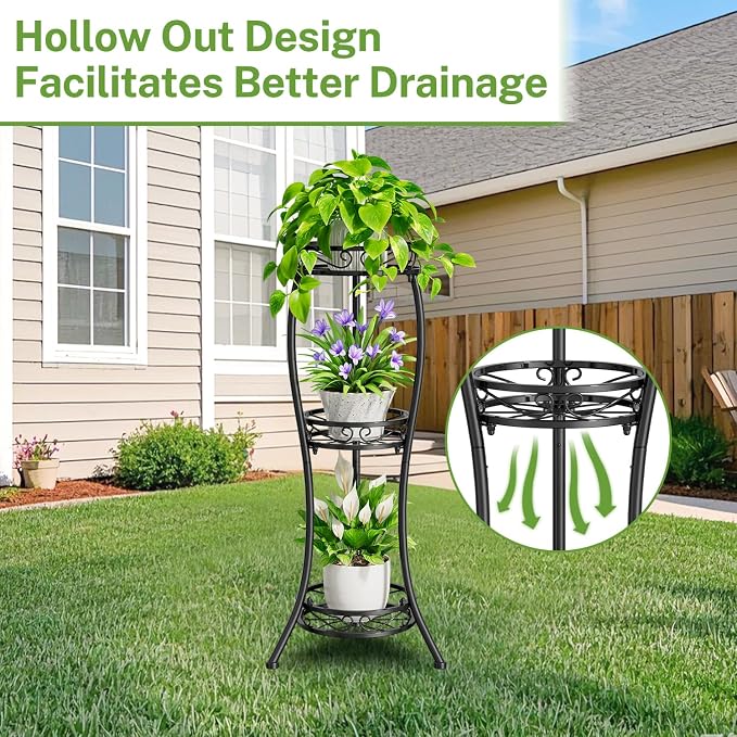 iDavosic.ly 3 Tier Plant Stand for Indoor Outdoor Set of 2, 34 Inch Vertical Flower Pot Display Holder Shelf and Metal Tall Corner Orchid Rack for House Patio Balcony Garden Living Room Porch, Black