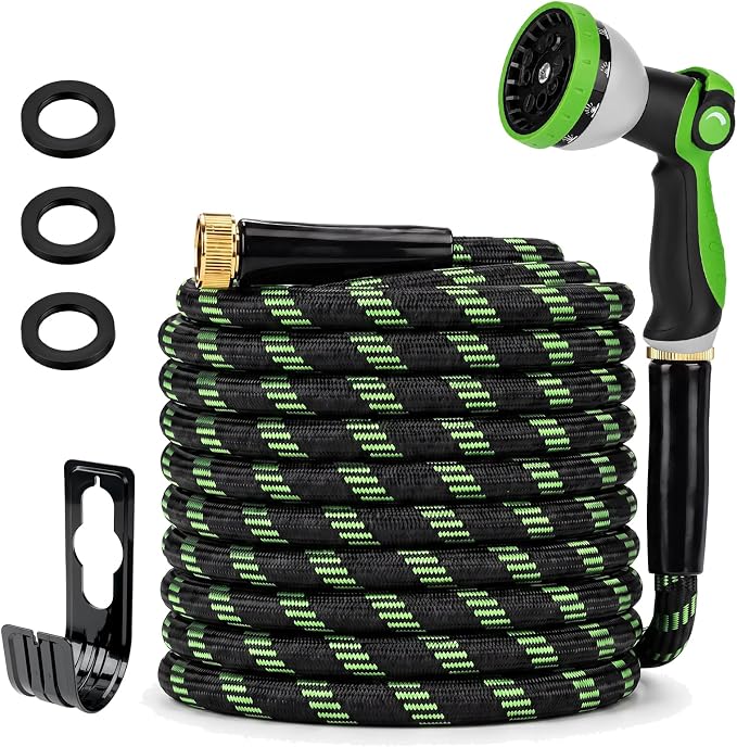 Garden Hose 50 FT, Non-Expanding Water Hose with 10 Pattern Spray Nozzle, Lightweight Flexible Kink-Resistant Garden Hose, Durable Outdoor Hose for Yard, Lawn, Patio, Garden, Car Washing, Black Green