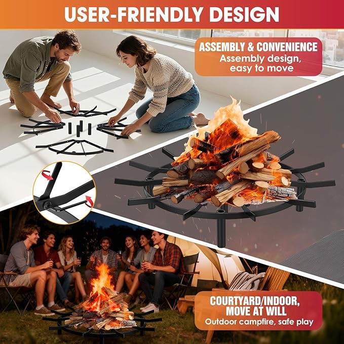 24" Fire Pit Grate & Fireplace Grate, Heavy Duty Heat Resistant Campfire Grill for Campfires and Outdoor fire pits(Black)