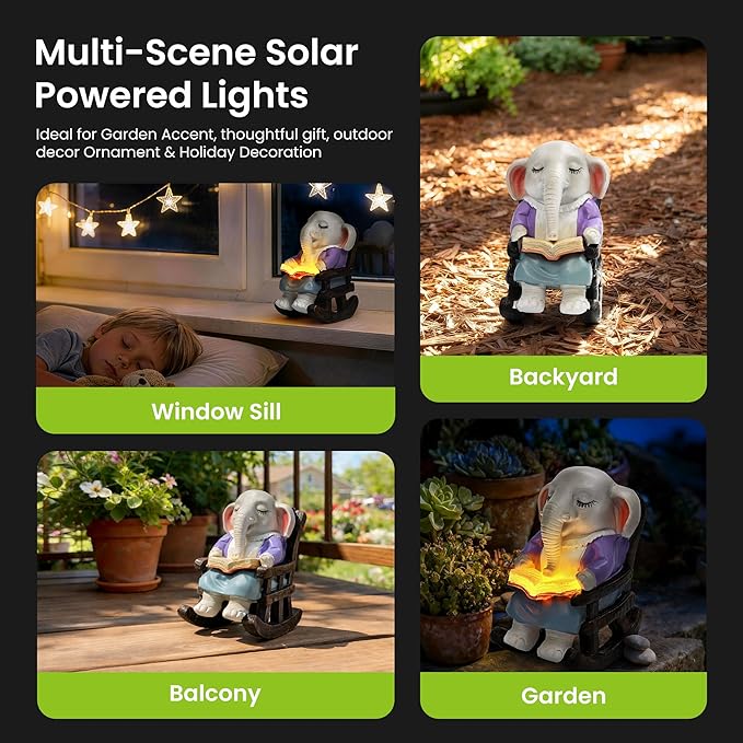 SOWSUN Solar Garden Statue Elephant, Outdoor Decor with Solar Lights for Patio Yard Lawn Balcony, Christmas/Birthday Gift for Mom Grandma Women
