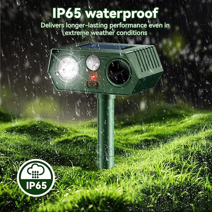 2026 Upgraded Solar Ultrasonic Animal Repeller Outdoor, Waterproof Motion Activated Repellent with Flash Light for Deer Cat Squirrel Raccoon Rabbit Dog Garden Yard (4 Pack)