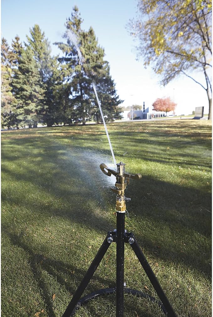 Strongway Tripod Sprinkler with Round Base, 3/4 in. Brass Head with 2 Nozzles, 100 Ft. Diameter Coverage, 7800 Sq. Ft., 6-10 GPM, Adjustable Full and Partial Circle, for Lawn and Garden