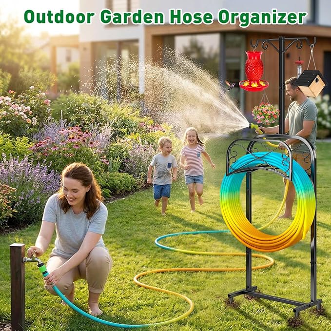 Gtongoko Garden Hose Holder for Outside 70 In With 4 Prongs Base & 2 Shepherds Hook Detachable Metal Water Hose Holder Freestanding Heavy Duty Organizer Holds 150FT Stand Hanger for Outdoor Black