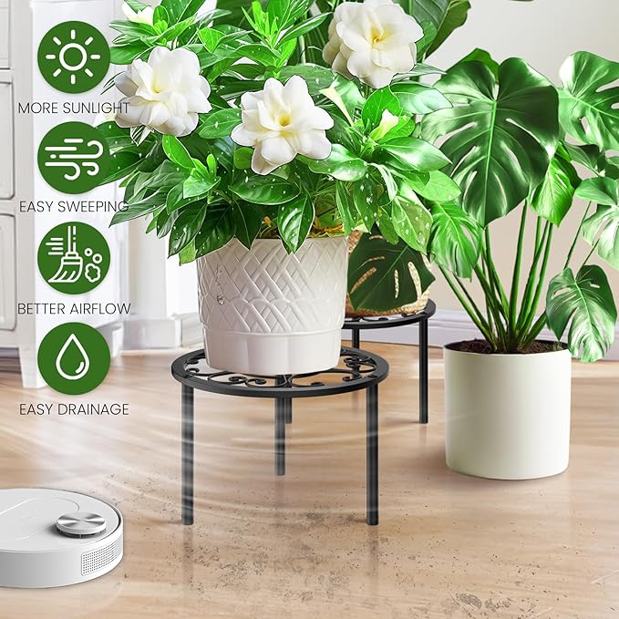 TOSKING 2-Pack Heavy Duty Metal Plant Stand Holds 120 lbs - 10.2" Classic Scroll Pattern Round Stand for Medium to Large Pots, Adjustable Feet & Rustproof Finish, Indoor/Outdoor, Black (10.2"D x 7.9"H)