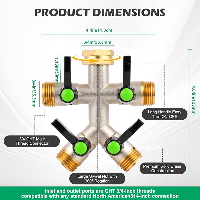 Love Is War 4 Way Hose Splitter, High-Flow Heavy Brass Garden Hose Splitter,4 Way Faucet Hose Splitter, 3/4", Hose Spigot Adapter With 4 Valves