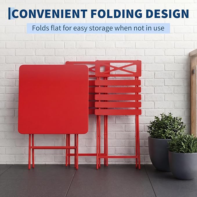 GarveeTech 3-Piece Folding Bistro Set, Heavy Duty Outdoor Patio Furniture with 2 Chairs & 1 Table, Weather-Resistant Steel Frame, No Assembly Required for Garden, Yard, Balcony,Red