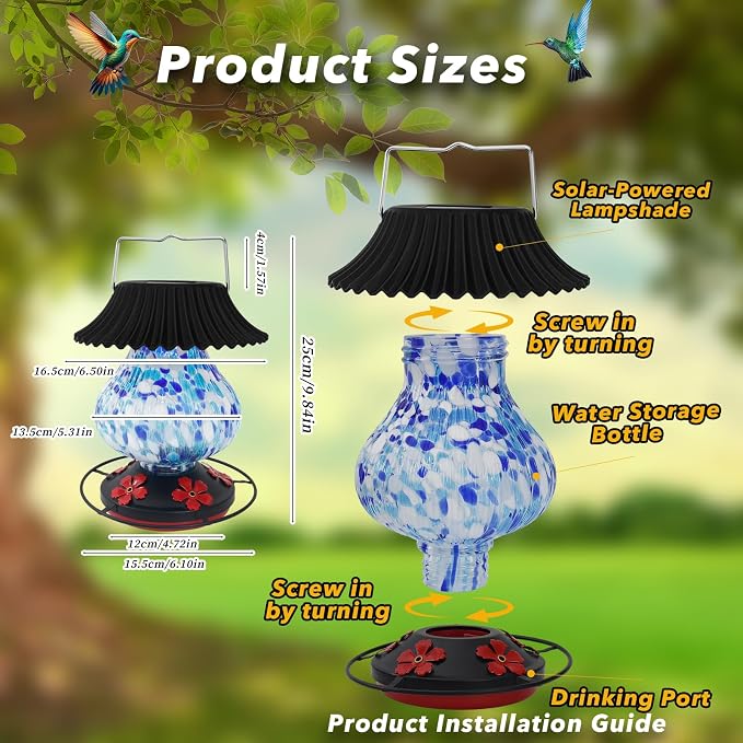 Solar Hummingbird Feeder-5 Feeding Ports with Perch, Hand Blown Glass Blue White Color Changing - Never Leak, Multicolor Night Lights – Perfect Hummingbird Feeder for Outdoors for Nature Enthusiasts