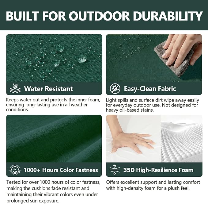 Goodgoods 24 x 28 Outdoor Patio Deep Seat Cushions 2-Pack, 1000+ Hours Fade-Resistant & Water-Resistant Outdoor Furniture Chair Cushions with 30D High-Resilience Foam for Sofa Chair, Dark Green