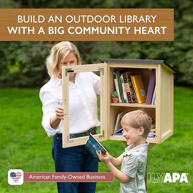 Ilyapa Outdoor Library Book Box - Free Literature Exchange Kit for Outside - Little Wood Cabinet for Sharing Books and Arts - 16x14x22 Inch