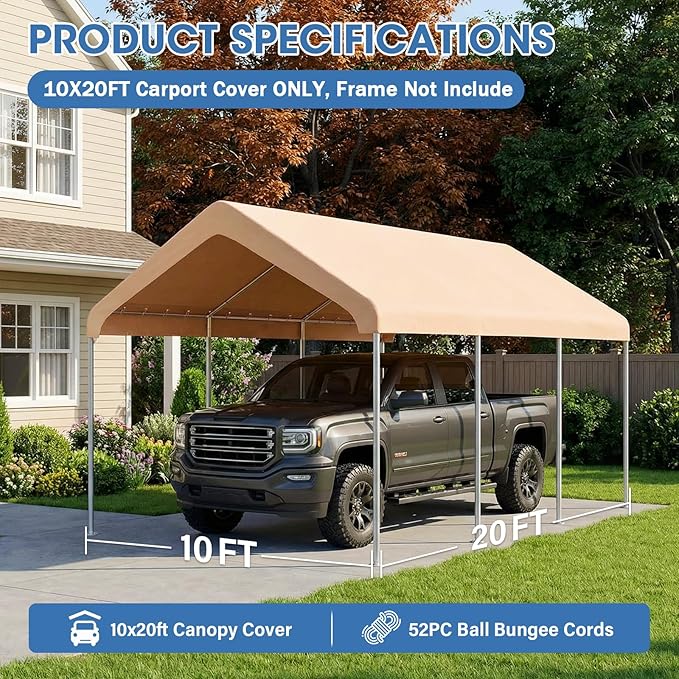 10x20FT Canopy Replacement Cover, Carport Replacement Canopy for 10' x 20' Frame, 800D Oxford Waterproof & UV Protected Tarp with Ball Bungees (Frame is not Included) (Beige)