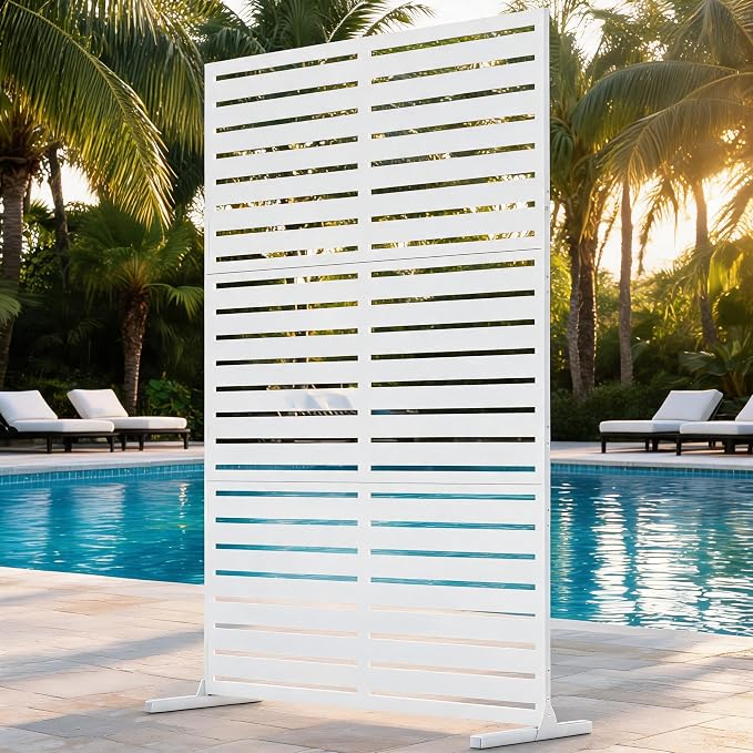 Garvee Outdoor Metal Privacy Screen, 47" W x72 H Decorative Privacy Fences White Panel with Stand, Freestanding Metal Sreens, for Indoor Garden Patio Balcony Poolside Yards, White