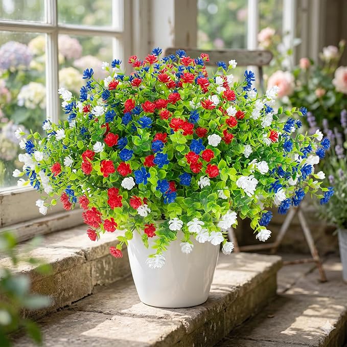 Hananona 12 Pcs Artificial Flowers Outdoor, Faux Artificial Plants UV Resistant Plastic Patriotic Flower Bulk for 4th of July Hanging Planter Porch Window Home Summer Decor 12, Red, White, Blue