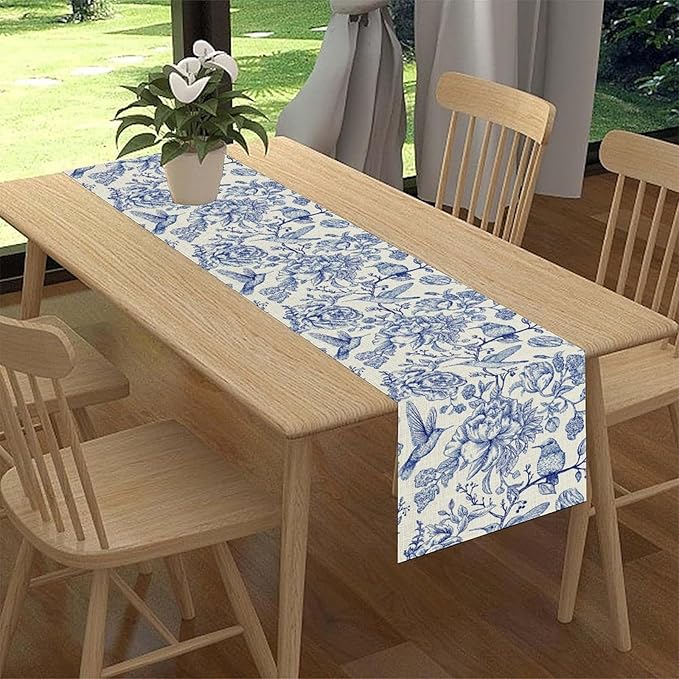 Blue Floral Table Runner, Rustic Seasonal Watercolor Spring Flower Birds Wildfloral Boho Retro Coffee Table Center Decor for Family Kitchen and Dining Farmhouse Party Table Decorations, 13"x72"