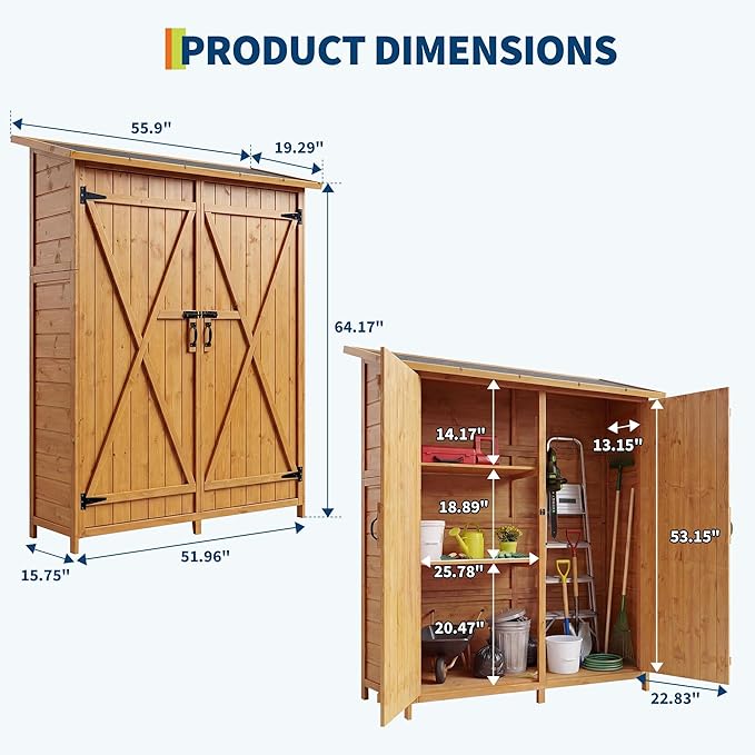 Wooden Outdoor Storage Cabinet with 2 Shelves & Lockable Doors - Waterproof Garden Tool Shed with Floor for Patio, Backyard, Deck, Lawn Organization & Large Storage Space