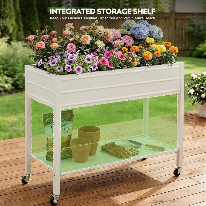 32" Tall Galvanized Raised Garden Bed with Legs Wheels & Shelf, Elevated Planter Box Outdoor for Vegetables, Herbs & Flowers, Patio & Backyard, Garden Bed with 400lb Capacity，White