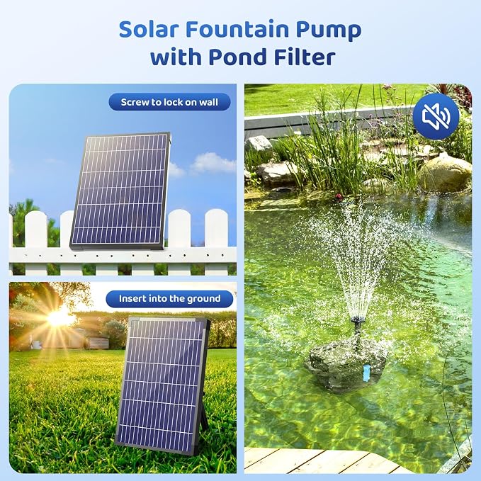 Antfraer 12W Solar Fountain Pump & Pond Filter Kit – Integrated Filtration System with 4 Nozzles, 6.6FT PVC Tubing Pond Filter for Outdoor Ponds, Gardens, Waterfalls, Fountains
