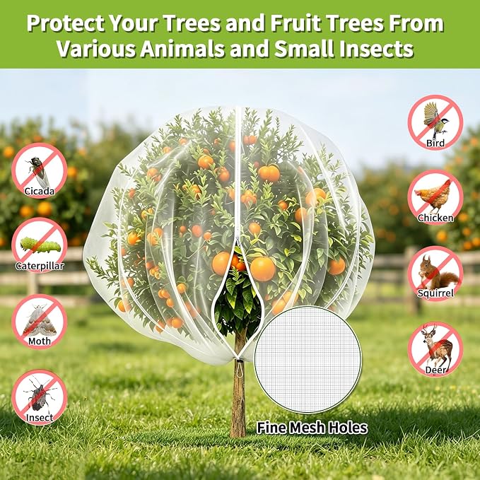 15×15FT Extra Large Fruit Tree Netting with Double Zipper and Drawstring, Durable Mesh Cover for Birds Squirrels Deer & Cicadas, Reusable Plant Protection Net for Garden Bushes