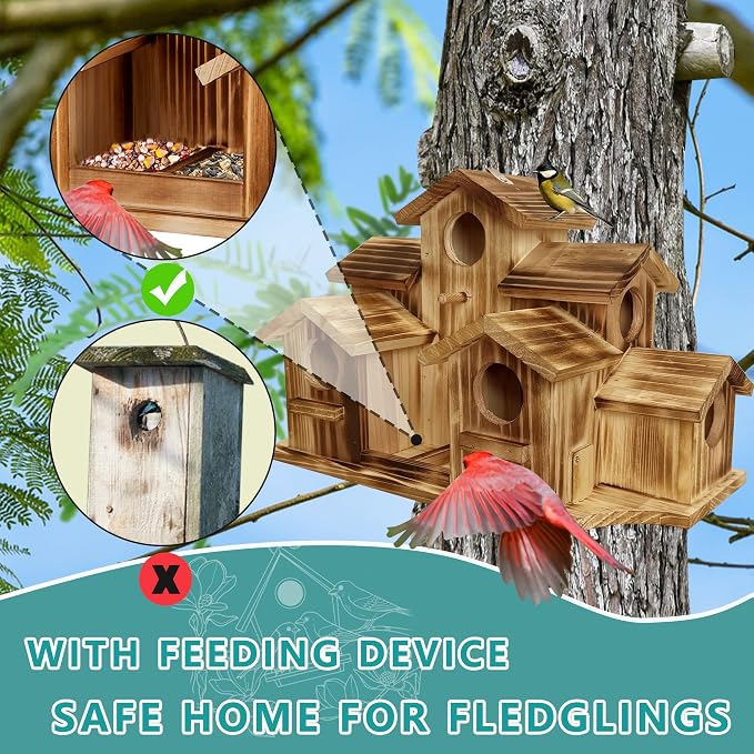 Wooden Bird House for Outside, 7-Compartment Large Birdhouse Castle with Perches, Weatherproof Burnt Wood Hanging Bird Nest for Garden Patio, Decorative Bird Shelter for Bluebird, Finch, Sparrow