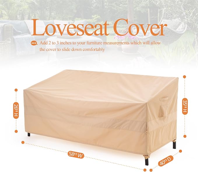 WJ-X3 2-Seater Outdoor Loveseat Sofa Cover, 58" x 40" x 35", Beige | Waterproof, UV-Resistant, Windproof, Tear-Resistant
