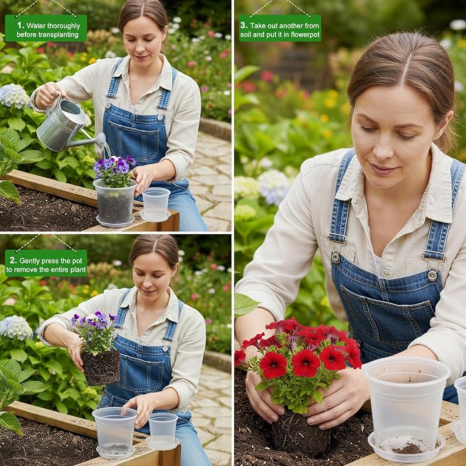 5/6/7/10 Inch Clear Nursery Pots with Drainage & Saucers 20PCS , Plant Large Pots with Labels, Seedling Tool & Hole Puncher, Plastic Nursery Pots for Succulents, Seedings, Herbs, Flowers, Vegetables
