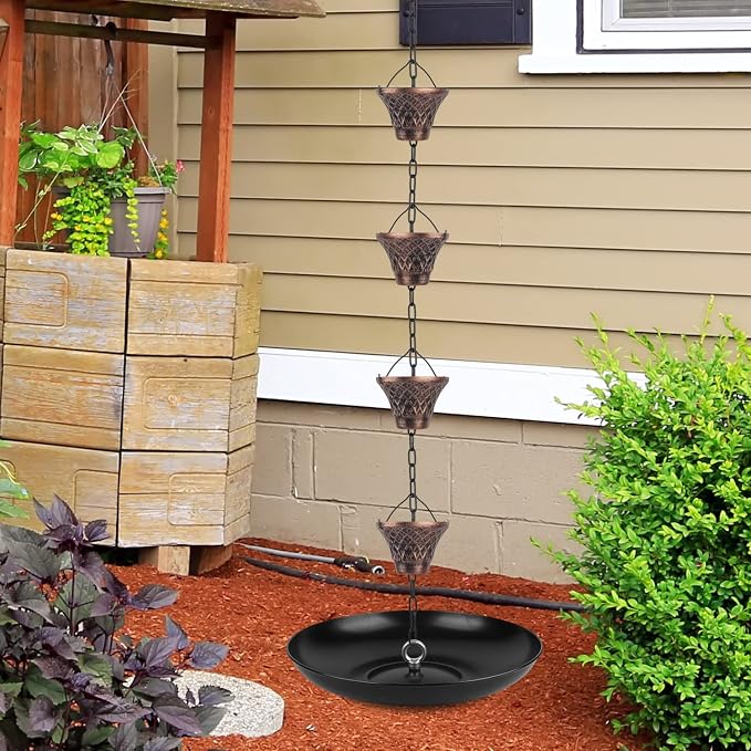 Rain Chains 8.5 Ft, Gutter Downspouts Diverter Outdoor Metal Copper Plaid Rainwater Extensions, 12 Cups