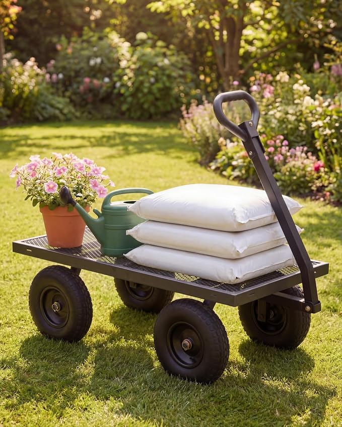 GarveeTech 1200LBS Heavy Duty Steel Garden Cart, Garden Wagon Cart on Wheels, Metal Yard Utility Wagon with Removable Mesh Sides, 13" All Terrain Tires, 180° Rotating Handle for Lawn, Garden, Farm