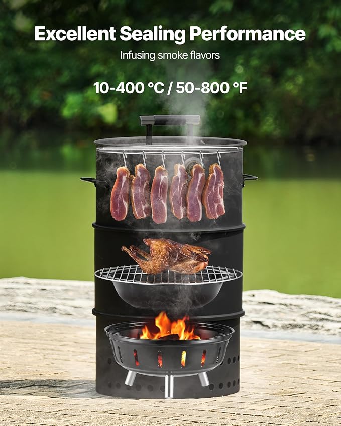 VEVOR Charcoal Smoker Grill, 18.5" Barrel Charcoal BBQ Smoker, Coated Steel Outdoor Barbecue Grill with 2 Grilling Grates, 1 Hanging Rod, 6 Hooks & Thermometer, Ideal for Party Backyard Patio Cooking