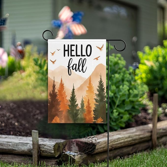 Hello Fall Forest Tree House Flag 28x40 Inch Double Sided Outside Birds Autumn Seasonal Yard Outdoor Flag Banner for Garden Lawn Patio Holiday Decorations