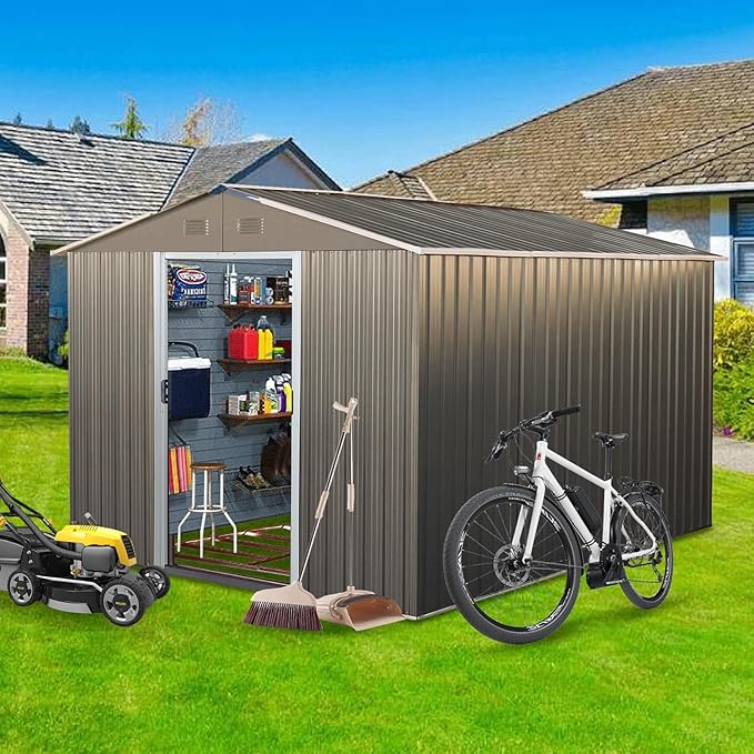KEIKI 8x10 FT Outdoor Metal Storage Shed with Peaked Roof,Vents and Lockable Door for Garden Yard Lawn