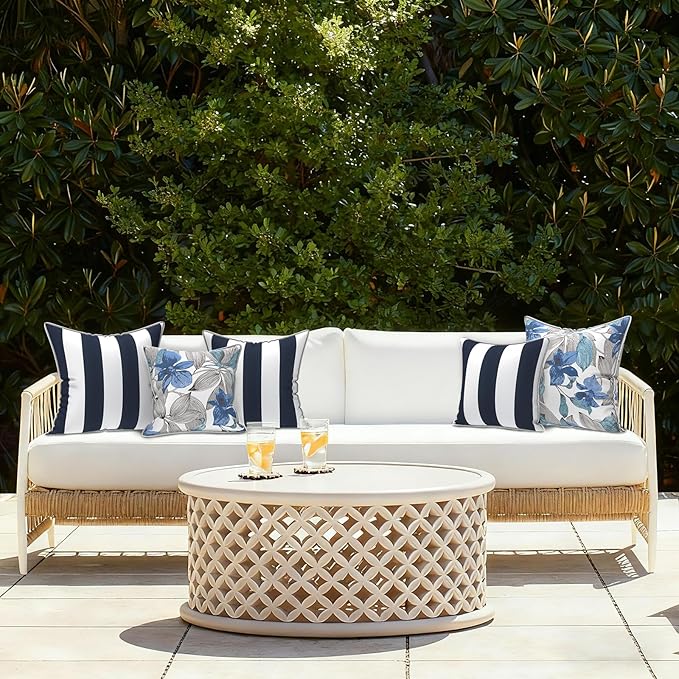 LVTXIII Outdoor Throw Pillows 20x20 Patio Waterproof Square Pillows with Piping Fade Resistant Accent Pillow for Spring Summer Garden Decoration, Set of 2, Cabana Navy