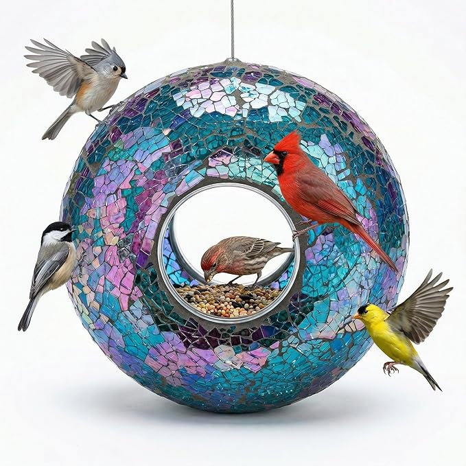 Topadorn Mosaic Bird Feeder Fly Through Hanging Birdfeeder for Wild Bird, 9-Inch Blue Bird Feeder for Gardens, Yards, Decks to Attract Wild Birds