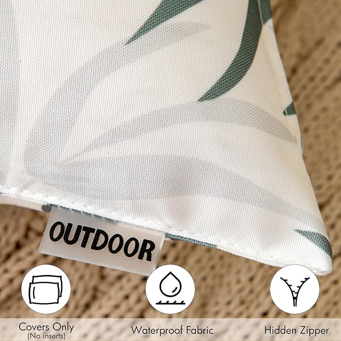 MIULEE Pack of 2 Spring Outdoor Waterproof Throw Pillow Covers Decorative Patio Pillow Cases Natural Leaves Pattern Spring Square Cushion Shams Shell for Garden Balcony Couch 18x18 Inch, Greyish Green