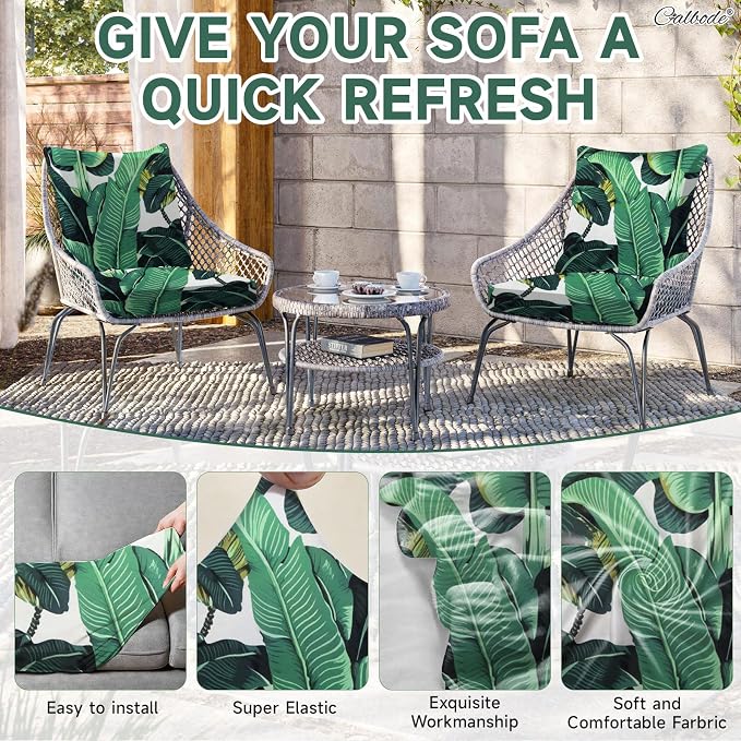 CALBODE 14 Pcs Stretch Outdoor Seat Cushion Covers, Washable Chair Seat Cover for Patio Furniture Cushions Soft Indoor and Outdoor Couch Cover Replacement (Monstera, Cover Only)
