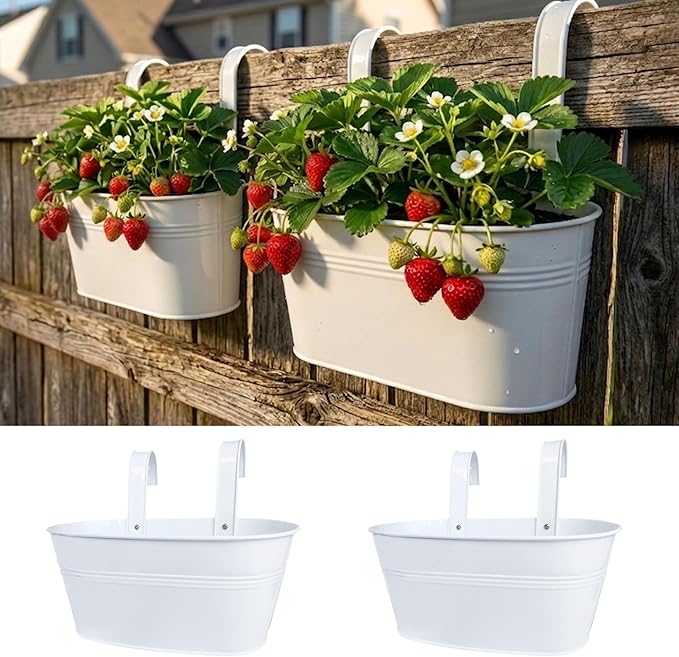 LaLaGreen Rail Planters for Outdoor (2 Pack, 11.2 Inch) White Metal Iron Hanging Flower Pots, Strawberry Planter Deck Railing Fence Bucket Wall Mount Window Box Plant Holder with Hooks Porch Decor