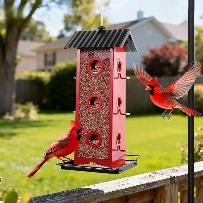 All Metal Bird Feeder for Outdoors Hanging | 14-Port Multi-Bird Viewing | Rust-Proof, Waterproof & Easy-Clean | Attracts Cardinals, Finches, Chickadees & More (Cardinal with Black Base)