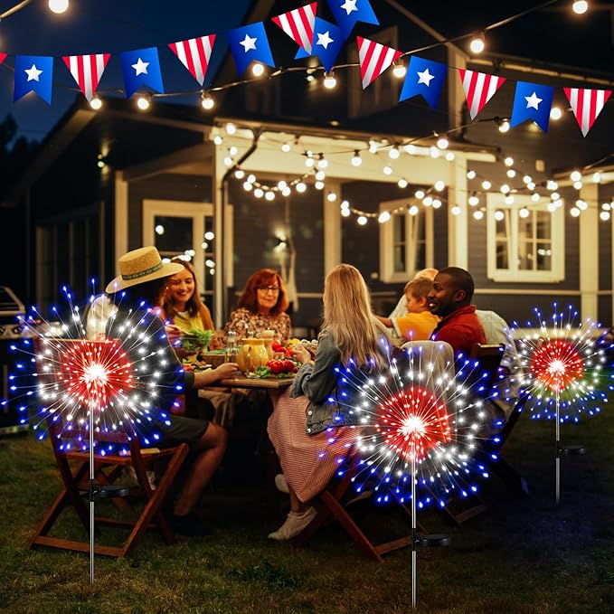 Tujoe 3 Pcs 4th of July Solar Firework Lights Patriotic Solar Light Outdoor Garden 120 LED 8 Modes Waterproof LED Sparkler Light for 250th Anniversary Patio Yard Pathway Walkway (Colorful)
