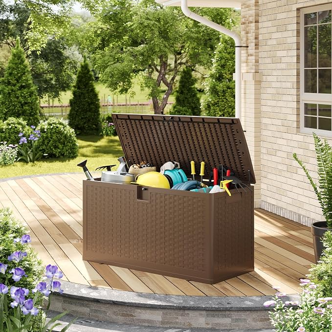 73 Gallon Large Outdoor Storage Box - Waterproof Resin Deck Box with Lockable Lid & Gas Struts, All-Weather Patio Storage Bench for Cushions, Pool Toys, Garden Tools, Rattan Texture, Brown